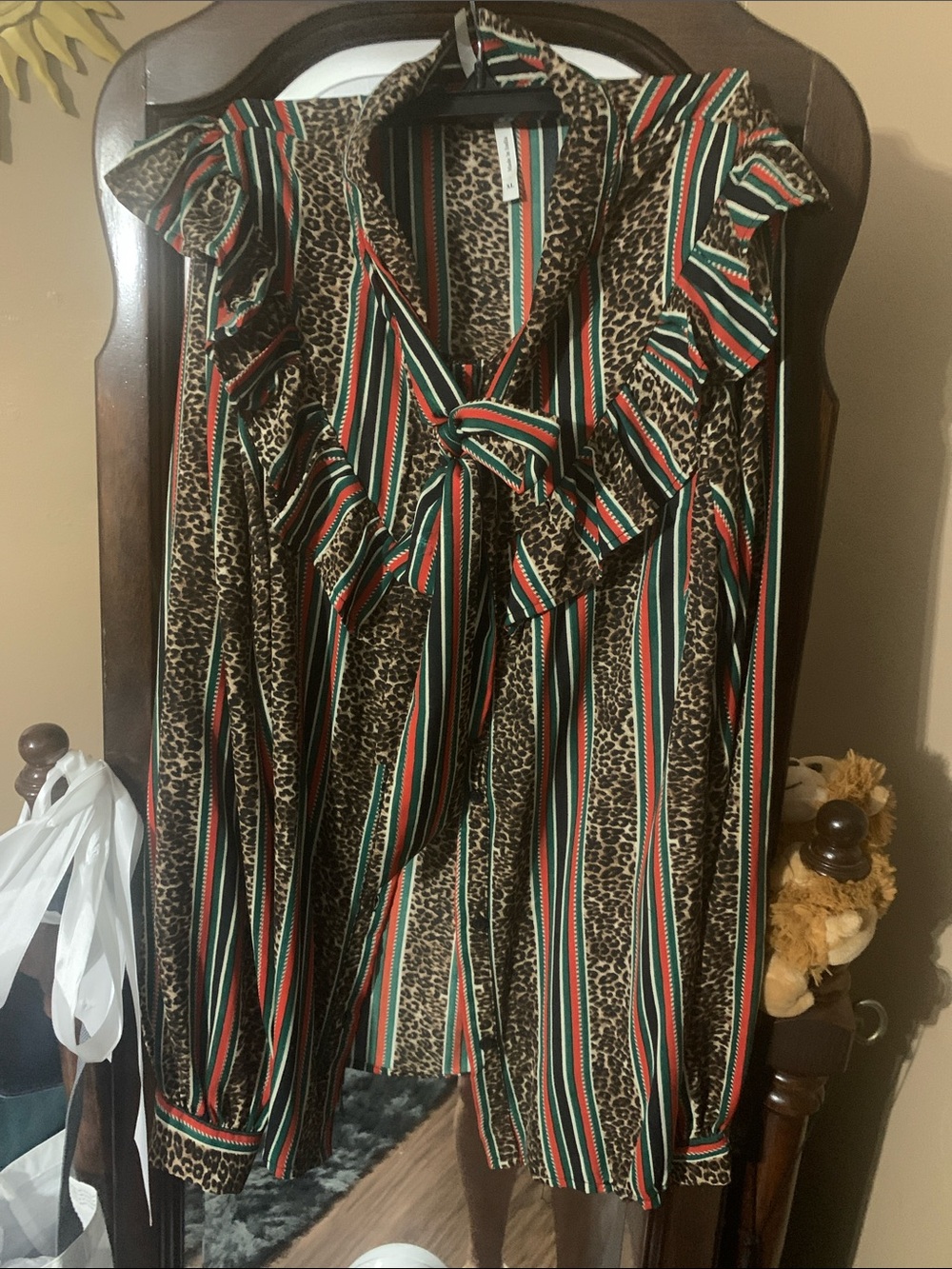 Truth Leopard Stripe Ruffle Bow Blouse in Brown, Black, Red, Green